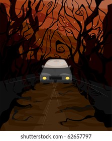 Illustration of a Lone Car Driving Driving Through the Dark Woods