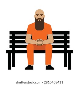 Illustration of a lonely bald man with beard sitting on a black bench holding a coffee cup