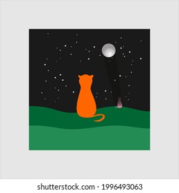 ilustración de un gato solitario imaginando a un compañero enviado por la luna