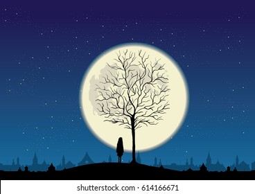 Illustration of a lonely girl looking at night town, full moon, city silhouette, leafless tree silhouette, starry sky
vector illustration cityscape.