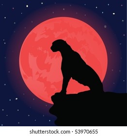 Illustration of the lonely leopard sitting on the brink of a rock, against the full moon