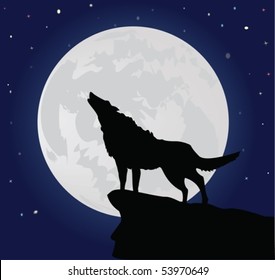 Illustration of the lonely wolf howling on the full moon