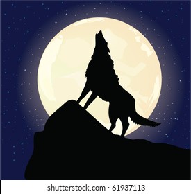 Illustration of the lonely wolf howling on the full moon