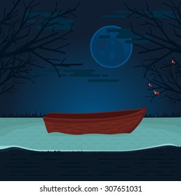 Illustration of Lonely Wooden Boat in Lake