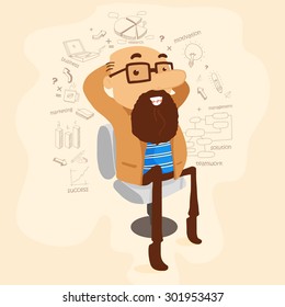 Illustration of a long beard business man sitting on chair with various infographic elements. 