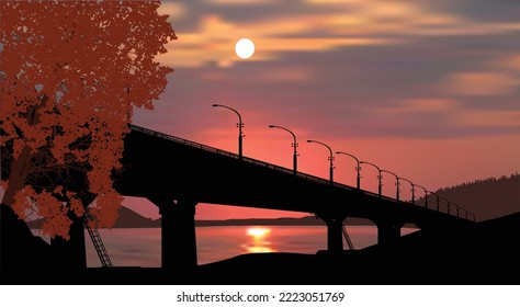 illustration with long bridge above lake at sunset