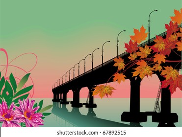 illustration with long bridge and spring flowers
