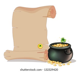 Illustration of a long brown paper beside a pot of gold coins on a white background