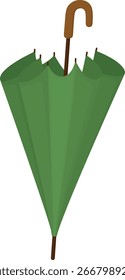 Ilustração de guarda-chuva de cana verde longo isolado no fundo branco. Acessório elegante clássico com alça curva para tempo chuvoso.