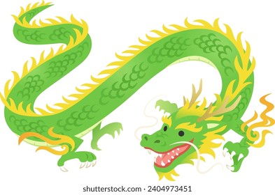 Illustration of a long green dragon with its body waving and its mouth open