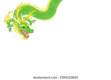 Illustration of a long green dragon looking down from the top left