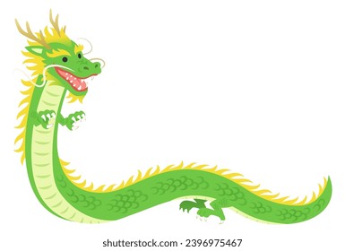 Illustration of a long green dragon looking back