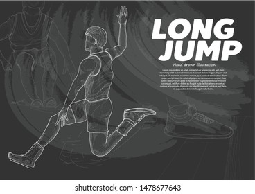 illustration of Long jump. chalk drawing style. hand drawn sport.