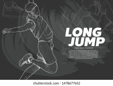 illustration of Long jump. chalk drawing style. hand drawn sport.