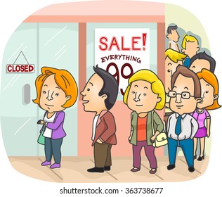 Illustration Of A Long Line Outside A Mall Having A Sale