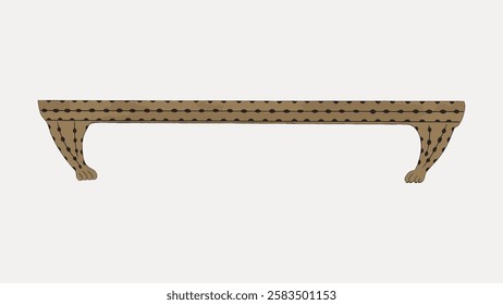 Illustration of a long, narrow, brown bench with a dotted pattern. The bench features simple, curved legs. Minimalist, perfect for decor or furniture themes. Vintage Egyptian illustration vector.