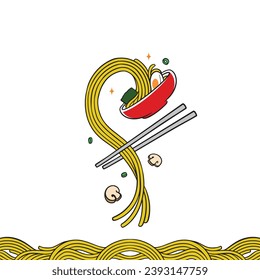 Illustration Long noodles with chopstick, pasta noodles 