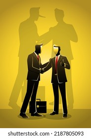 An illustration of a long nose liar dishonest businessman shaking hands other businessman