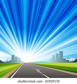 illustration, long road in city under blue sky