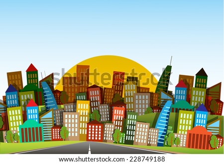 illustration long road in city under blue sky