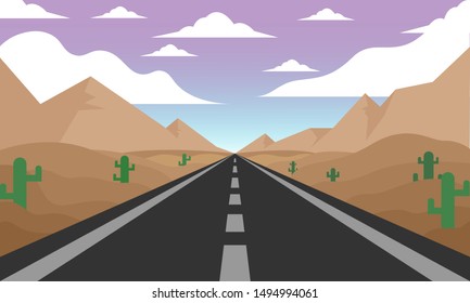 illustration of a long road in the desert and mountains,vector background