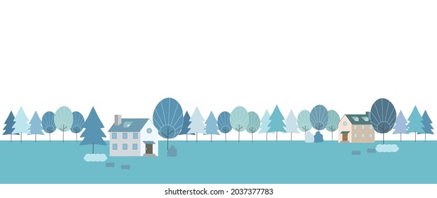 Illustration of a long row of trees and a rural winter landscape.