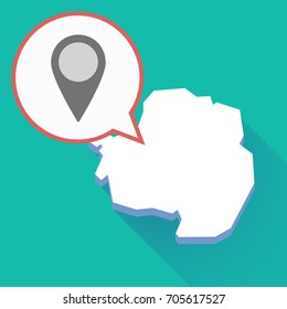 Illustration of a long shadow Antarctica map, a comic balloon and a map mark
