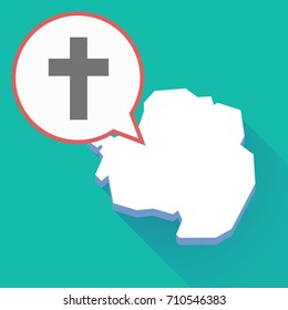 Illustration of a long shadow Antarctica map, a comic balloon and a christian cross