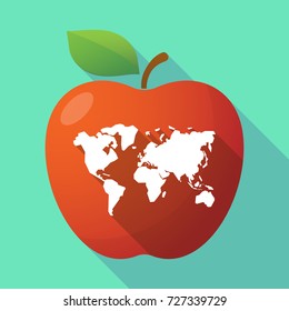 Illustration of a long shadow apple fruit with a world map