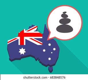 Illustration of a long shadow Australia map, its flag and a comic balloon with  a stacked zen stones 