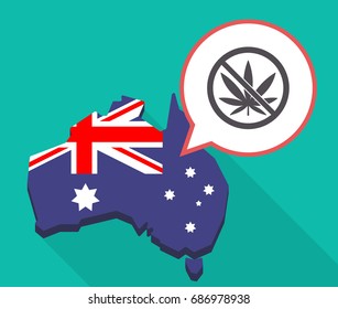 Illustration of a long shadow Australia map, its flag and a comic balloon with  a marijuana leaf  in a not allowed signal 