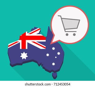 Illustration of a long shadow Australia map, its flag and a comic balloon with a shopping cart