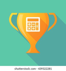 Illustration of a long shadow award cup icon with  a calculator