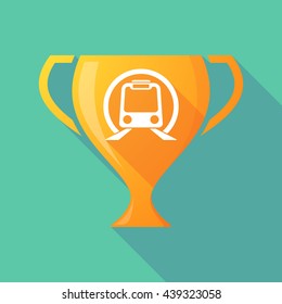 Illustration of a long shadow award cup icon with  a subway train icon