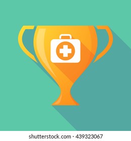 Illustration of a long shadow award cup icon with  a first aid kit icon