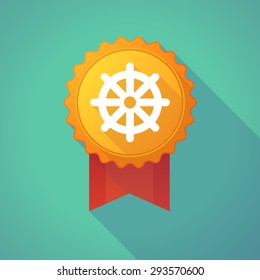 Illustration of a long shadow badge icon with a dharma chakra sign