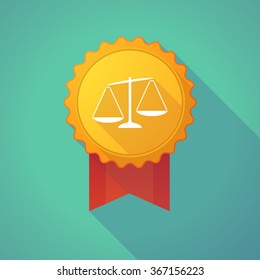 Illustration of a long shadow badge icon with  an unbalanced weight scale