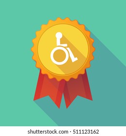 Illustration of a long shadow badge icon with  a human figure in a wheelchair icon