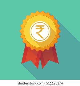 Illustration of a long shadow badge icon with  a rupee coin icon