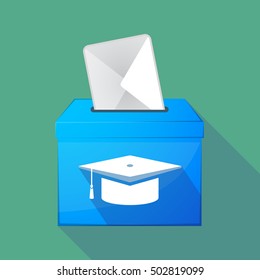 Illustration of a long shadow ballot box with a graduation cap