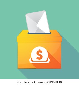 Illustration of a long shadow ballot box with  a dollar coin entering in a moneybox