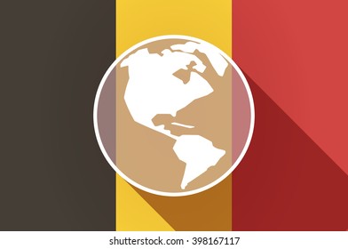 Illustration of a long shadow Belgium flag with an America region world globe