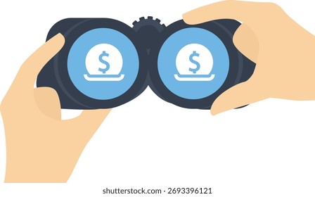 Illustration eines langen Schatten-Fernglases mit einer Dollarmünze, die in eine Geldkiste eingeht


