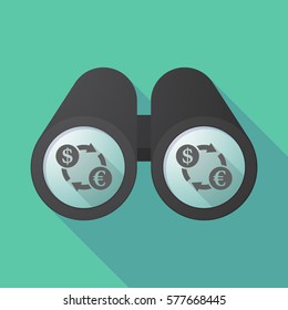 Illustration of a long shadow  binoculars with a dollar euro exchange sign
