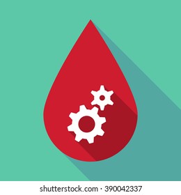 Illustration of a long shadow blood drop with two gears