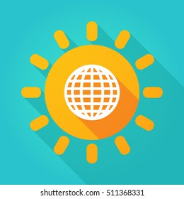 Illustration of a long shadow  bright sun icon with a world globe