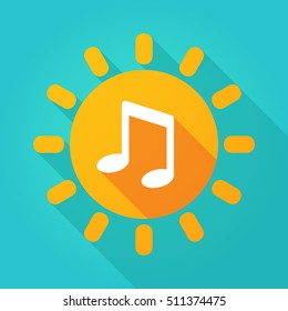 Illustration of a long shadow  bright sun icon with a note music