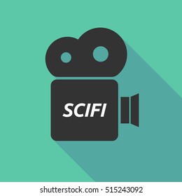 Illustration of a long shadow cinema camera icon with    the text SCIFI