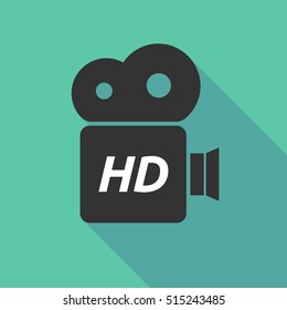 Illustration of a long shadow cinema camera icon with    the text HD