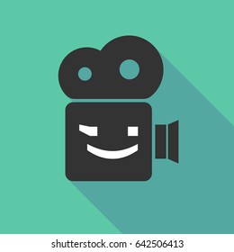 Illustration of a long shadow cinema camera with  a wink text face emoticon